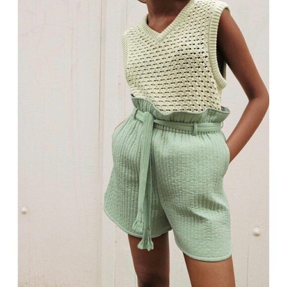 NEW Samsoe Quilted Ember High Rise Belted Paperbag Green Shorts NWOT Size Large - Picture 9 of 9